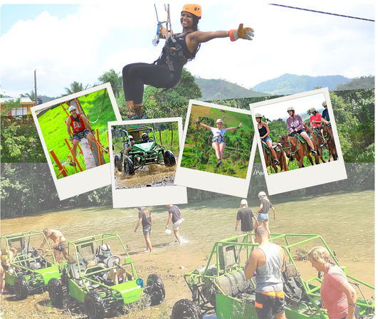 Tropical adventure collage: person ziplining over green hills with polaroid-style photos of a ropes course, muddy off-road buggies, horseback riding, and green dune buggies by a river.