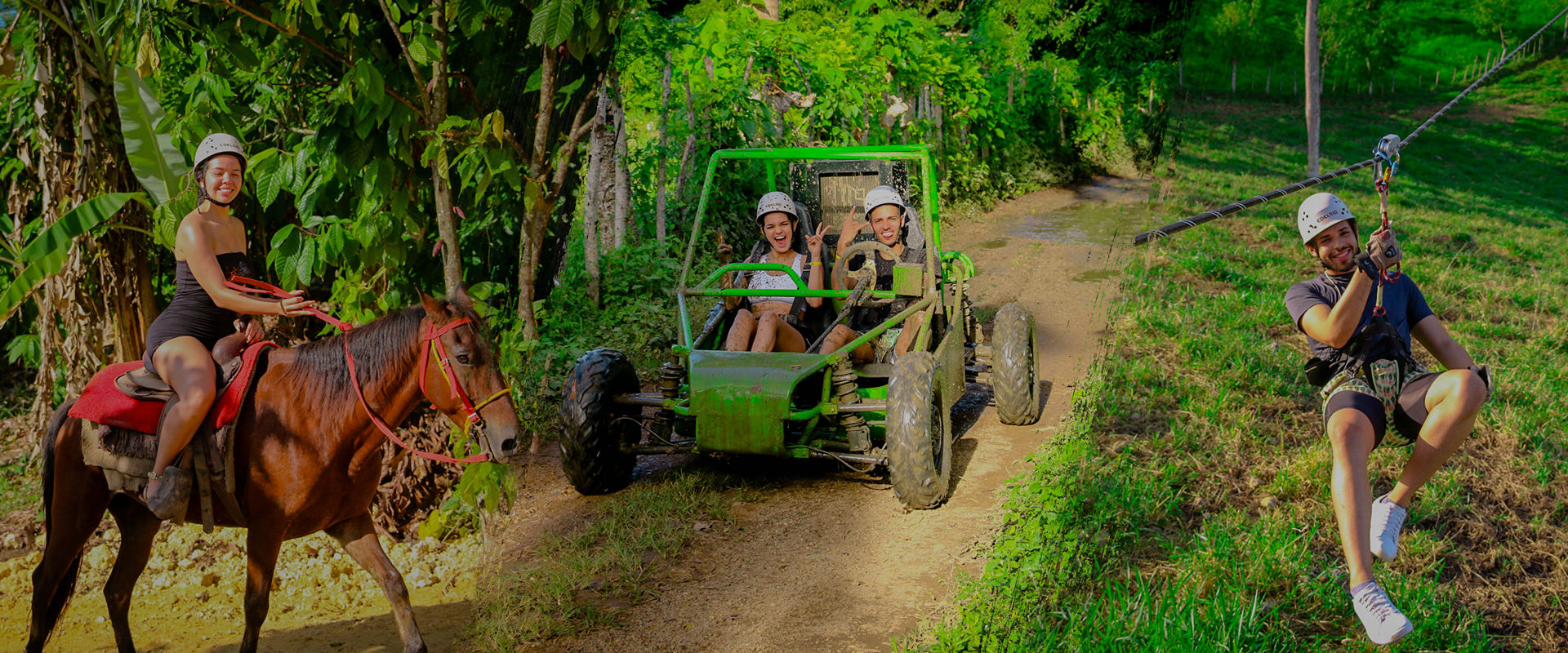 Tropical jungle adventure scene with people enjoying activities: a woman on horseback, two riders in a green off-road buggy on a dirt trail, and a man zooming on a zipline above a grassy hillside — helmets on for safety.