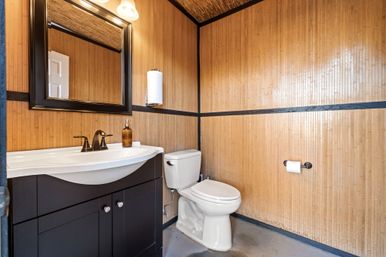 Cozy compact powder room with vertical bamboo-paneled walls, black-trim vanity and mirror, white sink and toilet, amber soap dispenser, and wall-mounted paper holders.