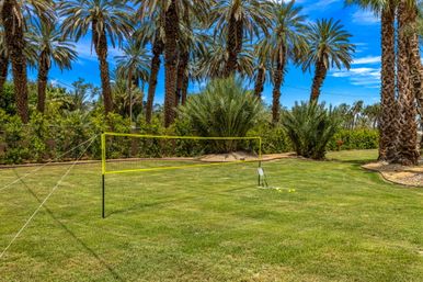 Portable badminton net set up on a sunny, palm-lined lawn under a bright blue sky, perfect for backyard games.