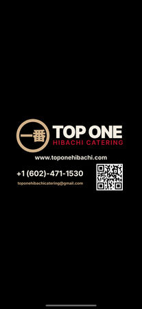 Sleek black vertical flyer with a gold circular logo featuring Japanese characters, bold white and red 'hibachi catering' headline, website and contact lines, and a QR code centered on the lower half.