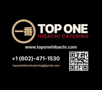 Black vertical ad featuring a gold circular Asian-style logo, bold cream brand name text, red “Hibachi Catering” tagline, website and phone lines, and a QR code.