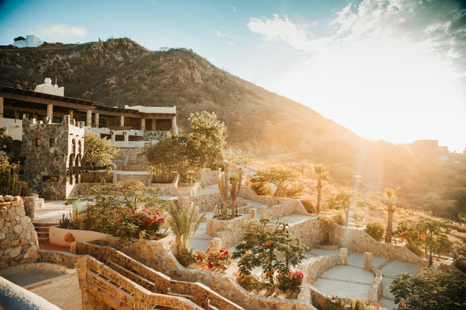 Sunlit stone terraces of a hillside resort with palm trees, cacti and flowering shrubs bathing in warm golden-hour light over an arid landscape.