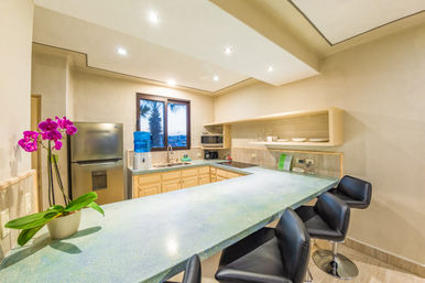 Bright modern kitchen with seafoam-green breakfast bar and three black swivel bar stools, stainless steel refrigerator, water cooler, microwave, potted pink orchid, and a window showing palm trees at dusk.