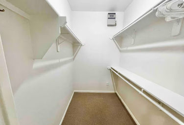 Bright empty walk-in closet with white shelves, double clothing rods and tan carpeted floor.