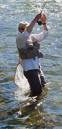 Waist-deep angler fly-fishing in a sunlit river, casting with a rod and reel while a mesh landing net trails in the water.
