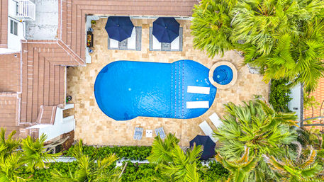 Aerial view of a tropical backyard with a blue kidney-shaped pool and round spa, beige stone tile patio, lounge chairs under dark umbrellas, palm trees and terracotta-roof house