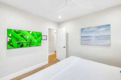 Airy modern coastal-style bedroom with white bedding, wall-mounted TV showing a green leaf image, ocean artwork, ceiling fan and hardwood floor.