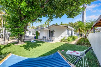 Sunlit tropical backyard with blue hammock in foreground, large shady tree, manicured lawn, patio seating and palm trees beside a single-story white house