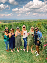Six women raise glasses of red wine in a sunny vineyard, lush grapevines stretching into rolling green countryside under a dramatic blue sky with puffy clouds.