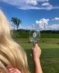 Hand holding a wine glass toward a sunny vineyard and rolling green hills, tall trees and fluffy clouds under a bright blue sky, blonde hair in the foreground.