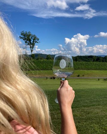 Hand holding a wine glass toward a sunny vineyard and rolling green hills, tall trees and fluffy clouds under a bright blue sky, blonde hair in the foreground.