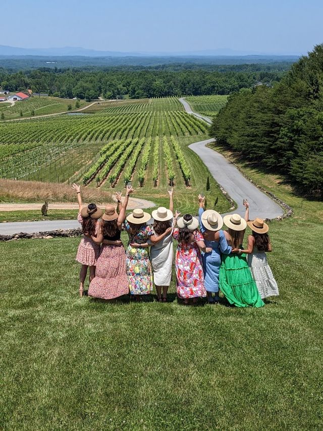 Group of women in sundresses and straw hats with arms raised, overlooking neat rows of a vineyard, winding country road and rolling hills on a sunny day