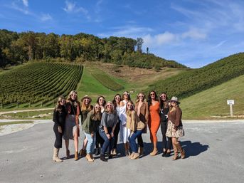 Group of women wearing heart-shaped sunglasses posing in a terraced vineyard with rolling green hills and a bright blue sky — wine-country outing.