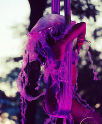 Aerial silk artist in a translucent jellyfish-style costume glowing purple-pink under stage lights, suspended on fabric against a blurred outdoor tree backdrop