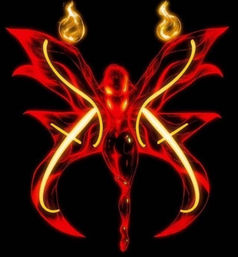 Fiery neon fairy digital illustration — glowing red and gold winged humanoid with stylized flame orbs above its wings on a black background.