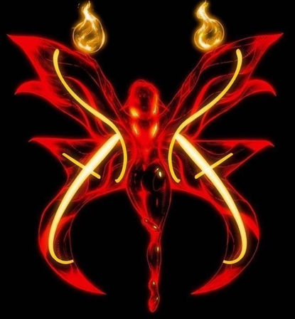 Fiery neon fairy digital illustration — glowing red and gold winged humanoid with stylized flame orbs above its wings on a black background.