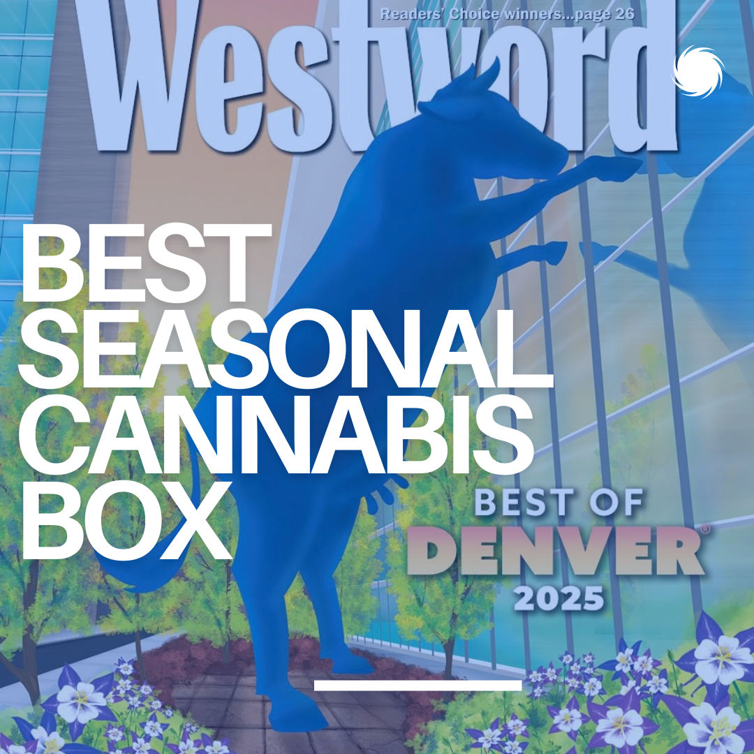 Magazine cover showing a blue rearing horse sculpture outside a glass building with flower beds, bold white text 'Best Seasonal Cannabis Box' and 'Best of Denver 2025'.