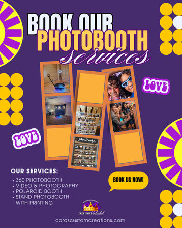 Bright purple photobooth services flyer featuring orange photo-strip collage with party and smiling group photos, decorative yellow dot graphics, and a yellow 'Book Us Now' callout; lists services including 360 photobooth, video & photography, Polaroid booth and stand photobooth with printing — ideal for weddings and events.