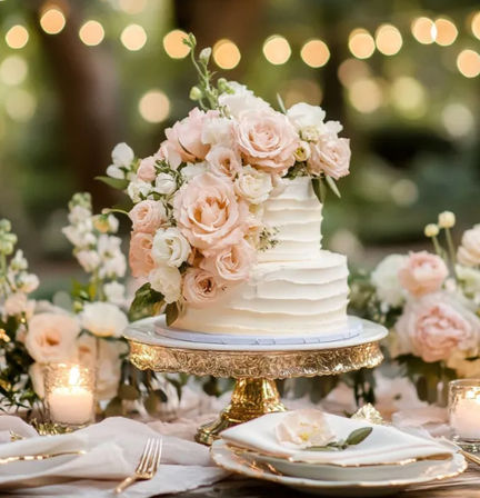 Two-tiered white wedding cake adorned with blush roses on a gold stand, styled on an elegant outdoor garden reception table with twinkling string lights and candles