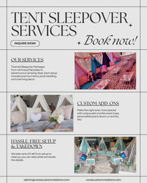 Flyer for tent sleepover services featuring whimsical indoor tent setups with plush bedding, snack trays, custom add-ons and hassle-free setup — perfect for local sleepover party rentals.