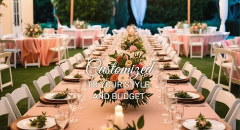 Outdoor garden wedding reception with a long pink-linen banquet table, white folding chairs, lush floral centerpieces and overlay text "Customized to your style and budget".