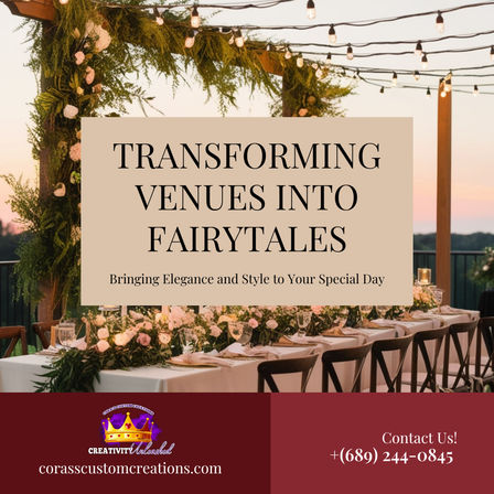Outdoor sunset wedding reception on a patio with a long banquet table set with roses, greenery, glassware and wooden chairs beneath a floral arch and hanging string lights; promotional overlay reads Transforming Venues Into Fairytales, evoking elegant event styling.
