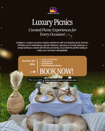 Promotional image of a luxury picnic on a green lawn: low white-draped table with gold chargers, white plates, glassware, pampas grass, woven décor and plush round cushions, advertising curated outdoor picnic experiences.