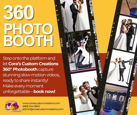 Bright yellow and red promo for a 360° photo booth with film-strip wedding photos — bride and groom on a spinning platform, couples striking fun poses, and booth setup for slow-motion event videos.