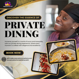 Smiling chef in uniform promoting luxury private dining experience with plated gourmet appetizers and creamy soup — elegant private dining, book now