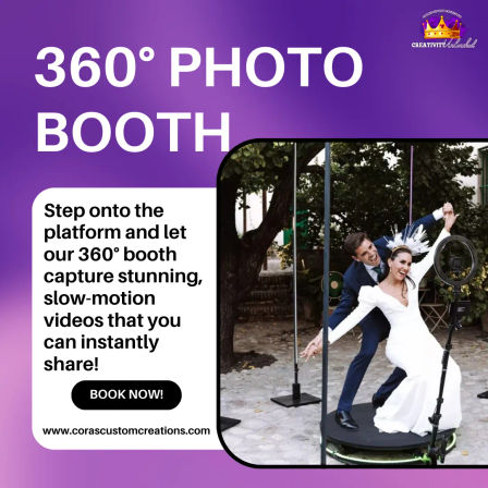 Bride and groom laughing on a 360° rotating photo booth platform at an outdoor wedding, perfect for slow‑motion video and event rentals.