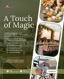 Event planning flyer titled “A Touch of Magic” with a services list on a green overlay; right-side collage shows appetizer cups, an elegant outdoor wedding reception table under a floral arch with string lights at sunset, and a white decorative carriage, plus a contact button.