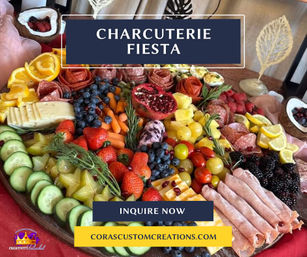 Colorful round charcuterie board with sliced cucumber, strawberries, blueberries, blackberries, grapes, cherry tomatoes, starfruit, orange wedges, pomegranate, cheeses, rolled cured meats and rosemary garnish, promotional overlay reading "CHARCUTERIE FIESTA".
