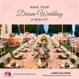 Promotional wedding ad showing an elegant outdoor garden reception with a long banquet table dressed in blush-pink linens, white folding chairs, floral centerpieces, candles and place settings — stylish inspiration for a customized dream wedding.