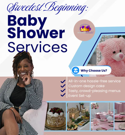 Promotional graphic for baby shower services — smiling woman seated, pink teddy bear, custom cake, catered buffet and pink table settings with checklist highlighting all‑in‑one planning, custom cake design, crowd‑pleasing menus and event set‑up.