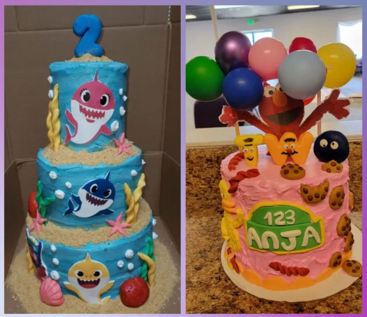 Two colorful kids' birthday cakes side-by-side: left, a three-tier blue Baby Shark ocean cake with sandy crumbs, smiling shark figures, shells, starfish and a blue '2' topper; right, a pink Sesame Street–style cake with an Elmo topper, a cluster of balloons, cookie decorations and a green custom name plaque.