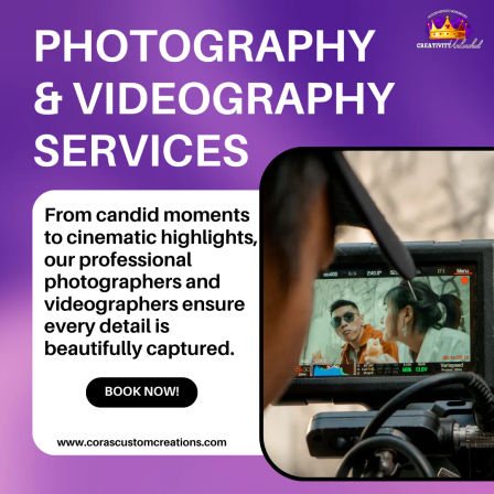 Purple promotional graphic for professional photography and videography services — behind-the-scenes camera monitor showing two people, text about candid-to-cinematic coverage and a ‘Book Now’ button for local bookings.