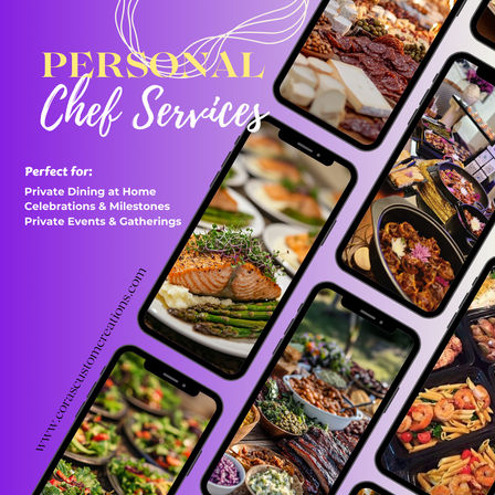 Purple promotional graphic for personal chef services with a diagonal collage of smartphone photos showing gourmet dishes—salmon with asparagus, charcuterie, salads, grilled meats, pasta and buffet spreads—highlighting private dining, celebrations and catering for events.