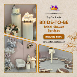 Elegant blush-and-cream bridal shower setup with balloon garland, floral arrangements, pedestal cake and “it's a love story” neon sign, cozy white chair and circular floor seating