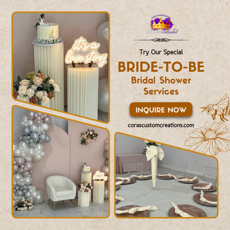 Elegant blush-and-cream bridal shower setup with balloon garland, floral arrangements, pedestal cake and “it's a love story” neon sign, cozy white chair and circular floor seating