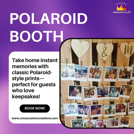 Polaroid booth promo: instant Polaroid-style photos clipped to a rustic wooden pallet with heart accents on a purple event flyer — perfect for weddings, parties, and photo booth rentals.