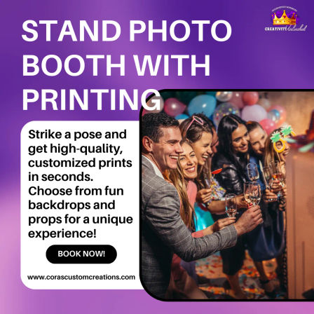 Stand photo booth ad featuring a lively group using props and raising glasses, promoting instant photo booth printing and rental for parties, weddings, birthdays and events.