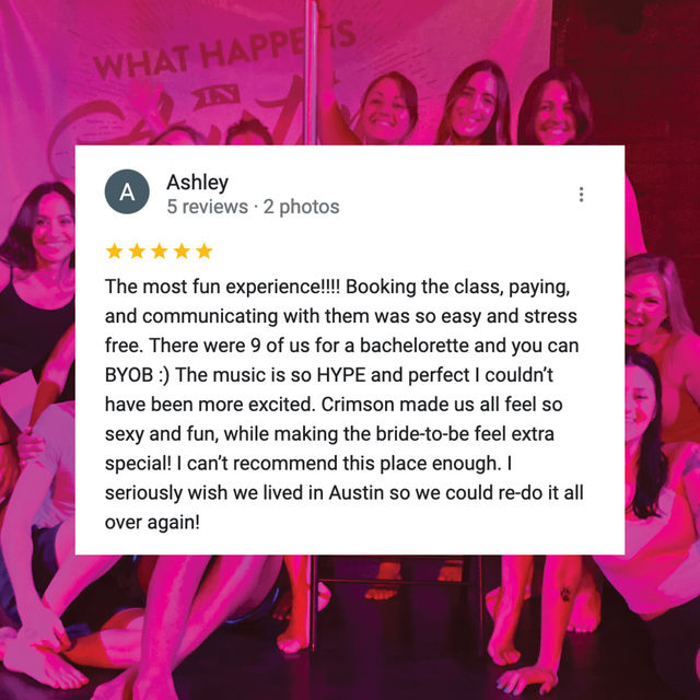 Smiling group of women in a pink-lit dance studio gathered around a pole, overlaid with a white five-star online review praising a bachelorette pole-dance class, easy booking, and a fun Austin experience.