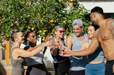 Six friends in activewear toasting with glasses under a fruit‑laden orange tree in a sunny backyard, laughing and celebrating together.