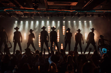 Silhouetted performers in cowboy hats on a brightly lit country concert stage with dramatic spotlights and a cheering audience in the foreground.