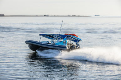 Blue inflatable speedboat zipping across calm coastal waters with a white spray trail and a low shoreline on the horizon.