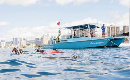 Snorkelers floating near a surfacing sea turtle beside a turquoise tour boat with Honolulu high-rise skyline in the background