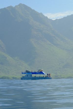 Blue sightseeing boat with passengers on calm ocean in front of towering green tropical island mountains under a clear sky