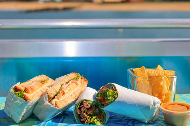 Sunlit beach picnic: two deli sandwiches and two veggie bean wraps with tortilla chips and dipping sauce on a bright tablecloth against a blue ocean backdrop.