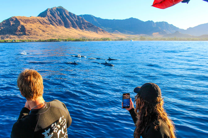 Two people on a boat filming a pod of dolphins swimming in bright blue ocean with rugged Hawaiian coastline and volcanic mountains under a clear sky